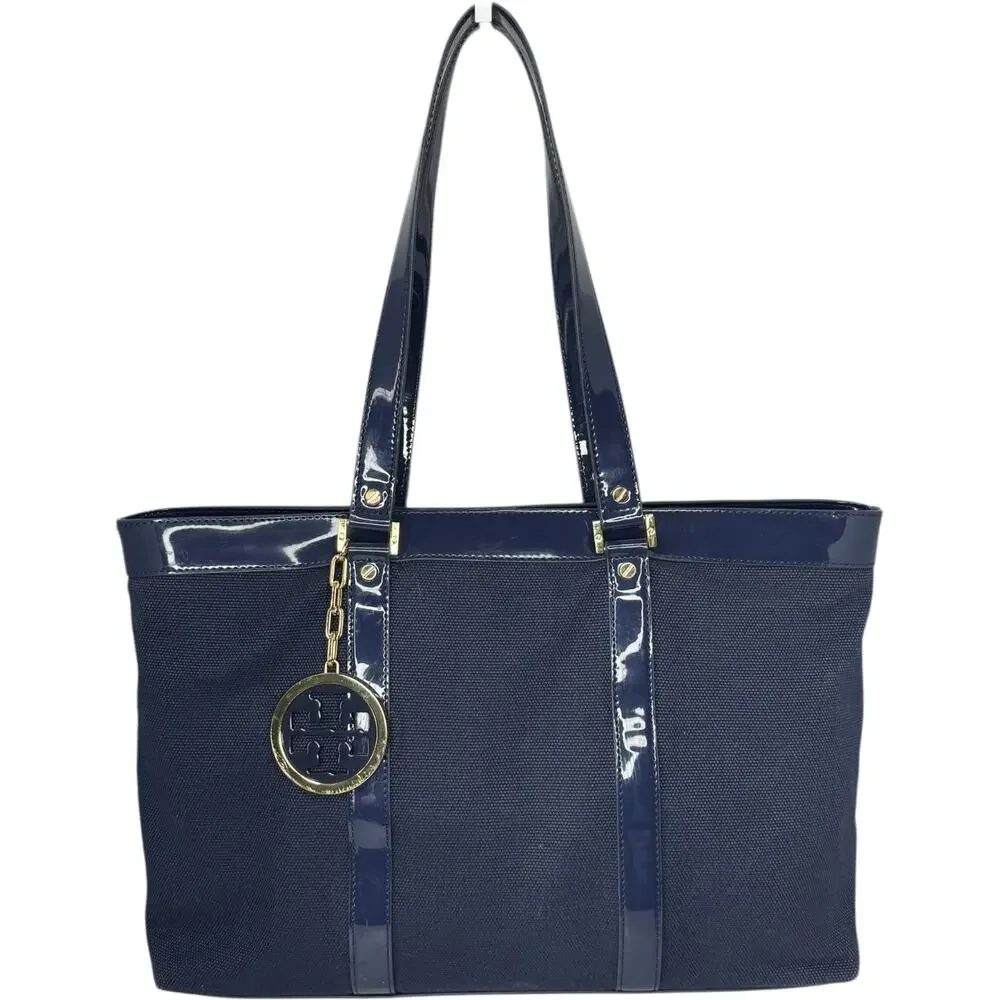 Tory Burch Canvas Jane Tote navy patient leather Shoulder Bag